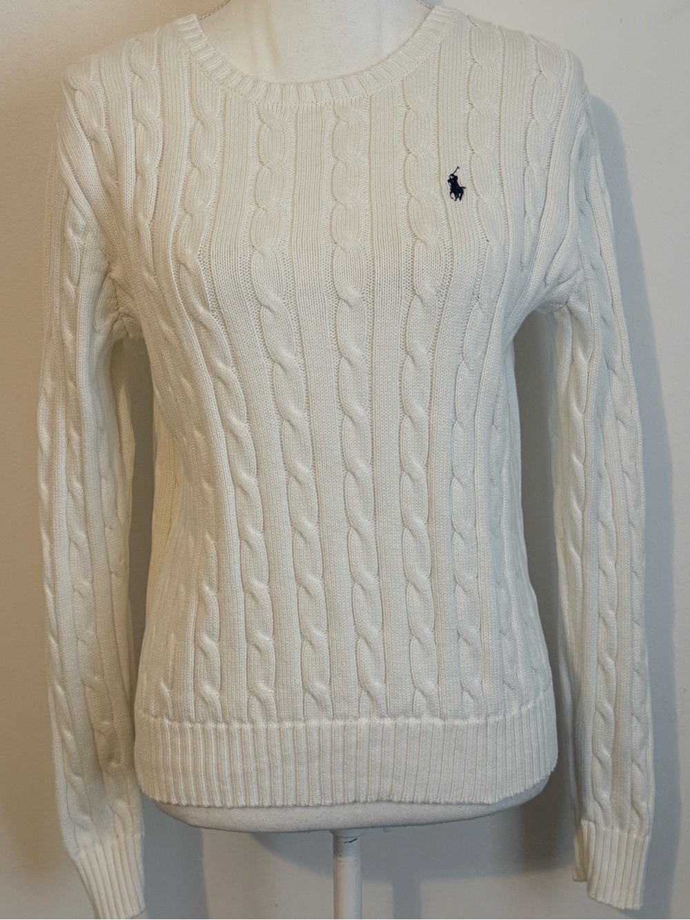 Polo Ralph Lauren White Cable Knit Cotton Crewneck Sweater Size Large